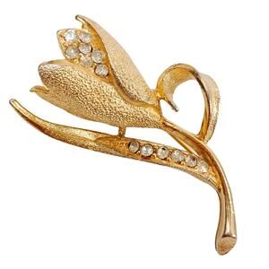 Signed BSK Gold Plated Floral Brooch, Flower Rhinestone Designer Pin